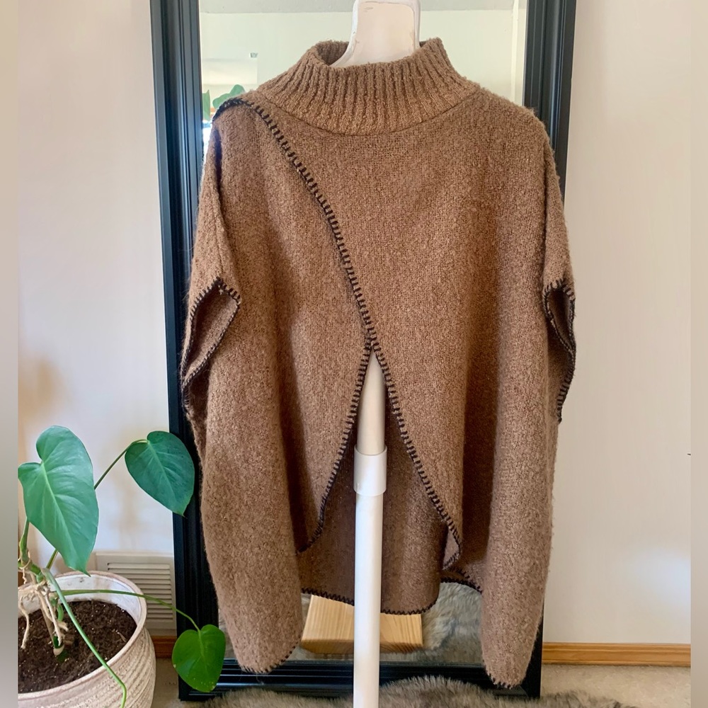 Gaudi Tan Mock Neck Short Sleeve Poncho Sweater